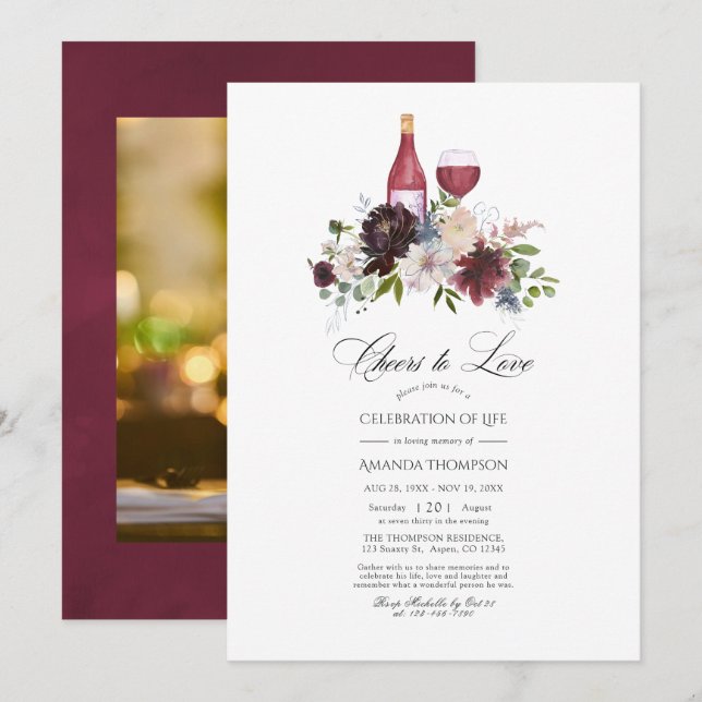 Burgundy and Blush Floral Wine Celebration of Life Invitation (Front/Back)