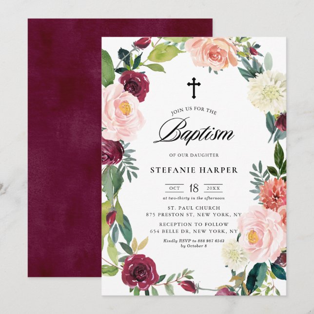 Burgundy and Blush Floral Wreath Fall Baptism Invitation (Front/Back)