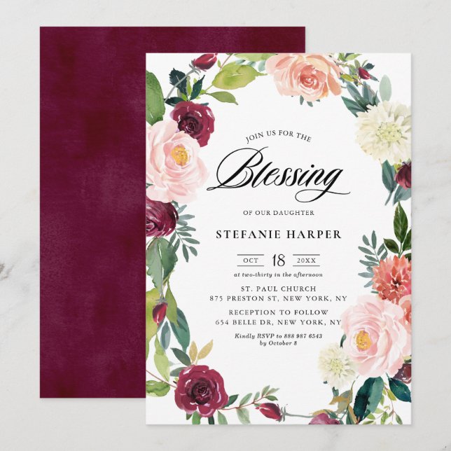 Burgundy and Blush Floral Wreath Fall Blessing Invitation (Front/Back)