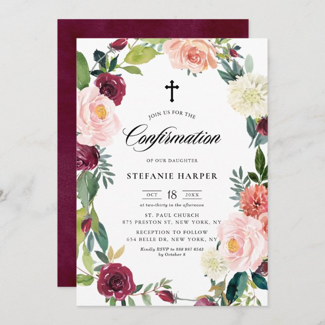 Burgundy and Blush Floral Wreath Fall Confirmation Invitation (Front/Back)