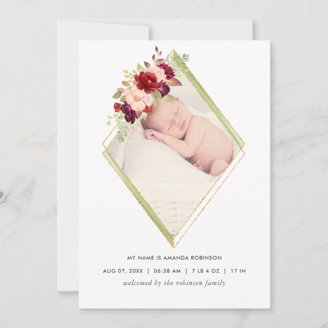 Burgundy and Blush Geometric Birth Announcement (Front)
