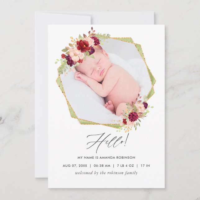 Burgundy and Blush Geometric Birth Announcement (Front)