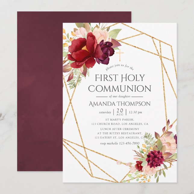 Burgundy and Blush Geometric First Holy Communion Invitation (Front/Back)
