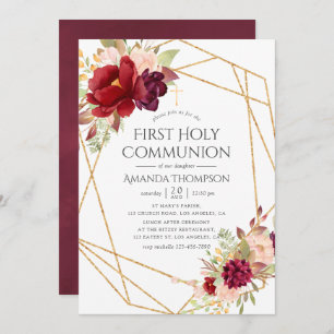 Burgundy and Blush Geometric First Holy Communion Invitation