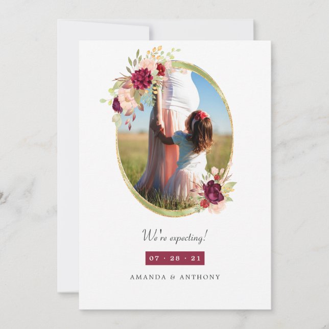 Burgundy and Blush Geometric Floral Pregnancy Announcement (Front)