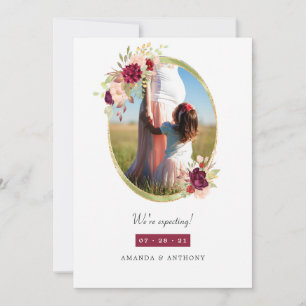 Burgundy and Blush Geometric Floral Pregnancy Announcement