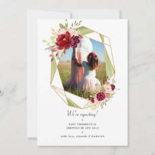 Burgundy and Blush Geometric Floral Pregnancy Announcement