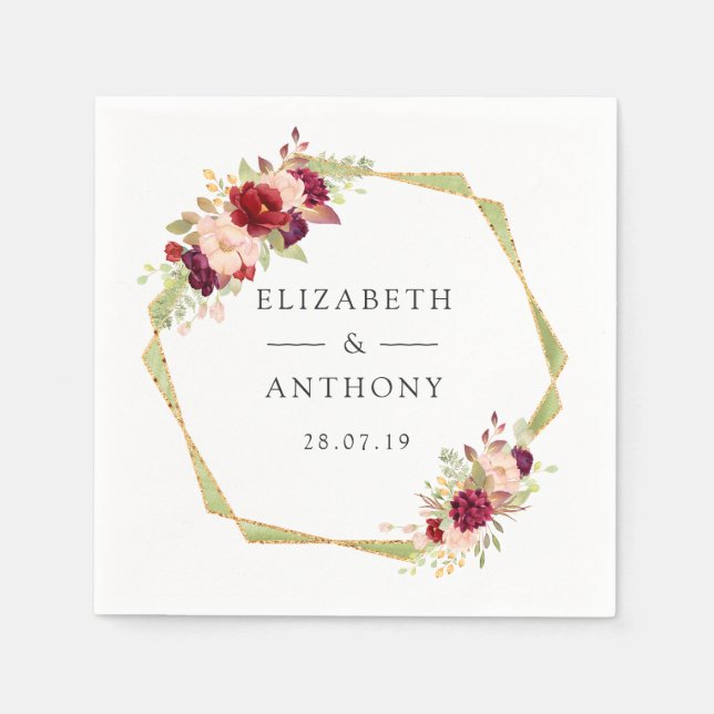 Burgundy and Blush Geometric Floral Wedding Napkin (Front)