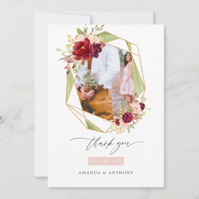 Burgundy and Blush Geometric Wedding Photo Collage Thank You Card (Front)