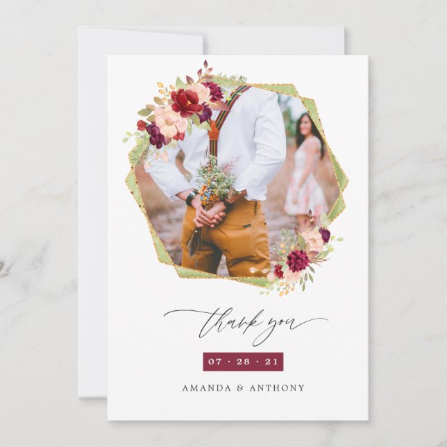 Burgundy and Blush Geometric Wedding Photo Collage Thank You Card (Front)