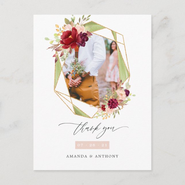 Burgundy and Blush Geometric Wedding Thank You Postcard (Front)