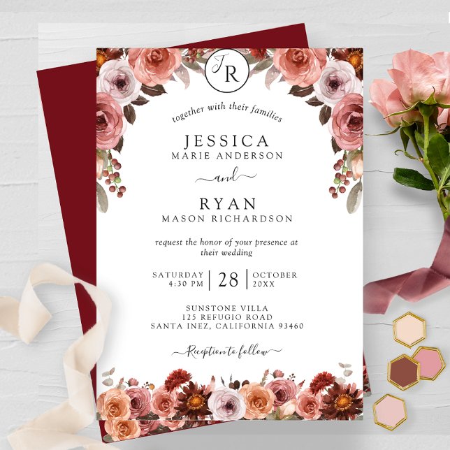 Burgundy and Blush, Monogram Floral Wedding Invitation (Creator Uploaded)