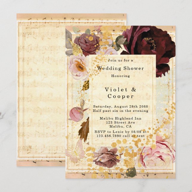 Burgundy and Blush Musical Floral Wedding Shower Invitation (Front/Back)