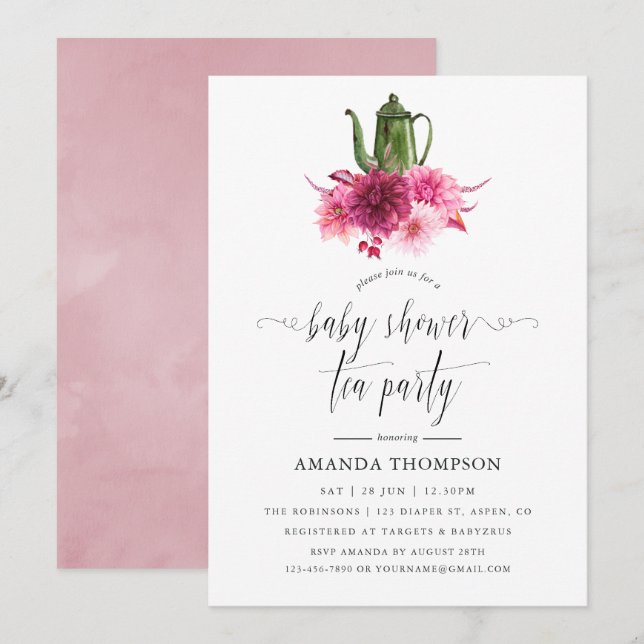 Burgundy and Blush Pink Baby Shower Tea Party Invitation (Front/Back)