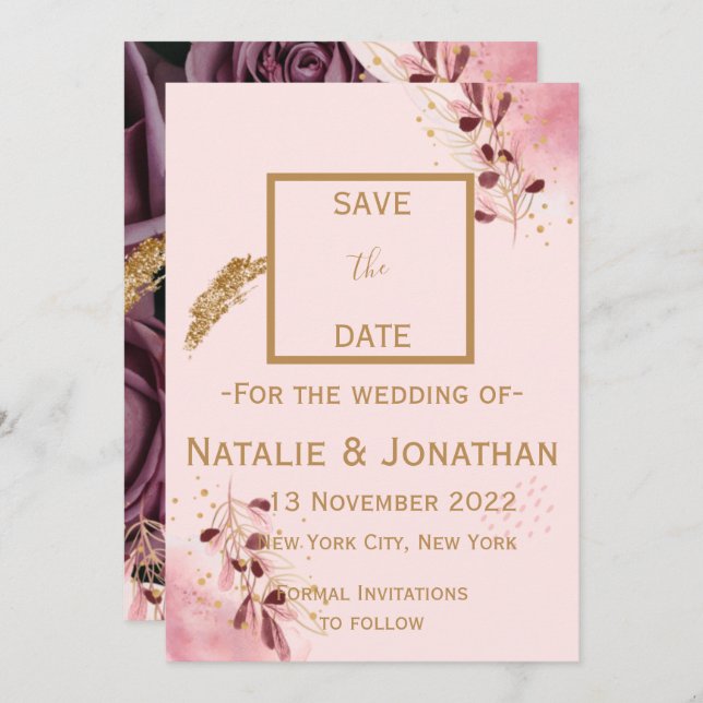Burgundy and blush pink carpet of Roses Save The Date (Front/Back)