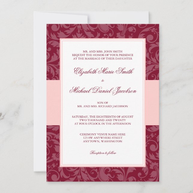 Burgundy and Blush Pink Damask Swirl Wedding Invitation (Front)