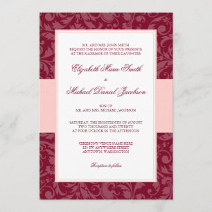 Burgundy and Blush Pink Damask Swirl Wedding Invitation