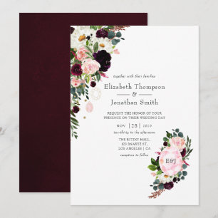 Burgundy and Blush Pink Diamond Monogram Wedding Invitation