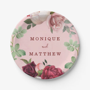 Burgundy and Blush Pink Floral Bouquet Wedding Paper Plate