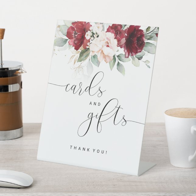 Burgundy and Blush Pink Floral Cards and Gifts Pedestal Sign (In SItu)