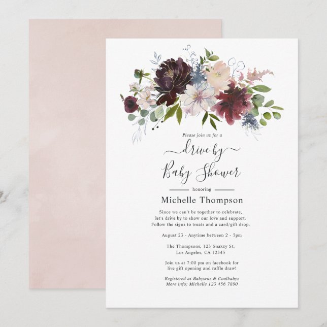 Burgundy and Blush Pink Floral Drive By Shower Invitation (Front/Back)