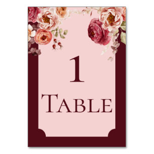 Burgundy and Blush Pink Floral Table Number Card