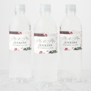 Burgundy and Blush Pink Floral Water Bottle Label