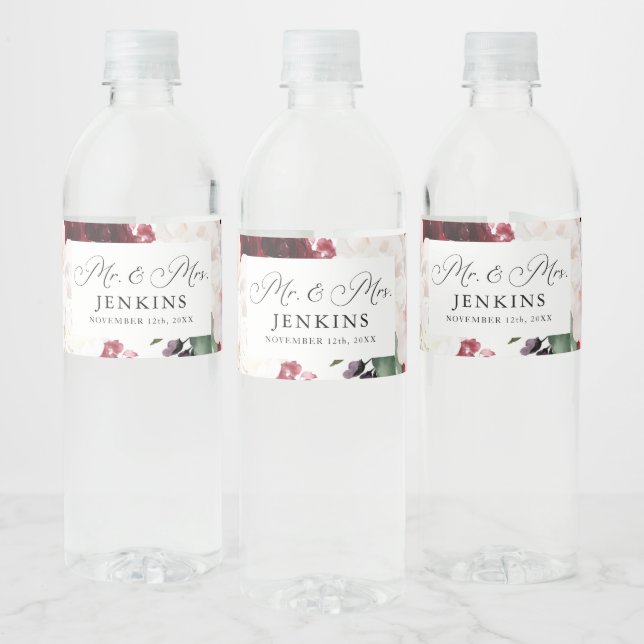 Burgundy and Blush Pink Floral Water Bottle Label (Bottles)