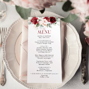 Burgundy and Blush Pink Floral Wedding Dinner Menu