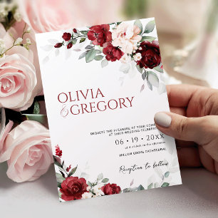 Burgundy and Blush Pink Floral Wedding Invitation
