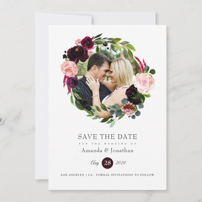 Burgundy and Blush Pink Floral Wedding Photo Save The Date (Front)