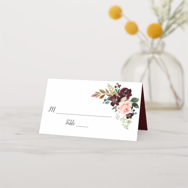 burgundy and blush pink floral wedding place card (Front)