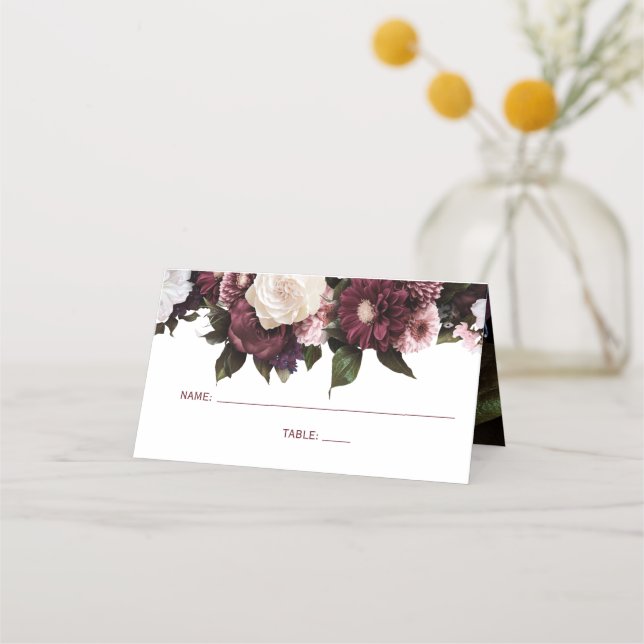 Burgundy and Blush Pink Floral Wedding Place Card (Front)