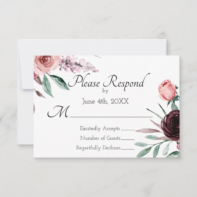 Burgundy and Blush Pink Floral Wedding RSVP Card (Front)