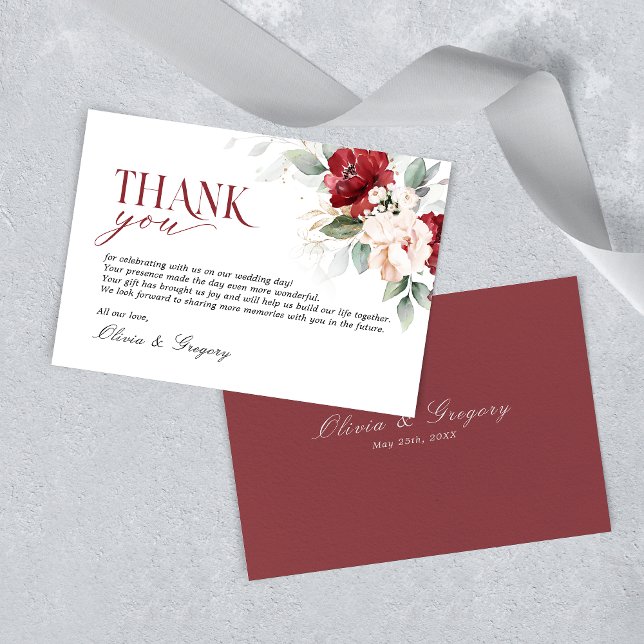 Burgundy and Blush Pink Floral Wedding Thank you RSVP Card (Creator Uploaded)
