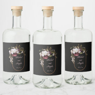 Burgundy and Blush Pink Florals on Black Liquor Bottle Label