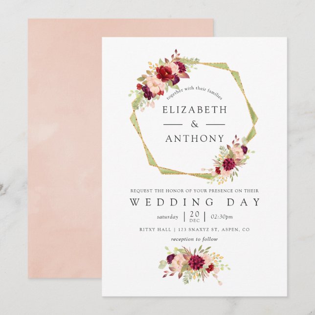 Burgundy and Blush Pink Geometric Floral Wedding Invitation (Front/Back)