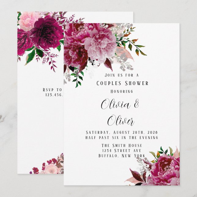 Burgundy and Blush Pink Peony Couples Shower Invitation (Front/Back)