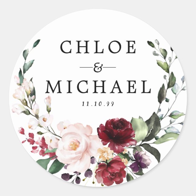 Burgundy and Blush Pink Personalised Wedding Classic Round Sticker (Front)