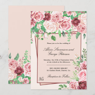 Burgundy and Blush Pink Roses Monogram Wedding Invitation
