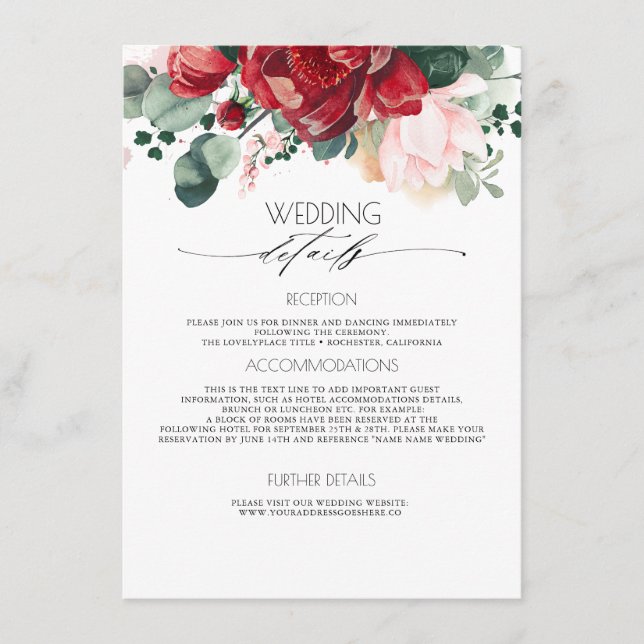 Burgundy and Blush Pink Wedding Information Guest Enclosure Card (Front)