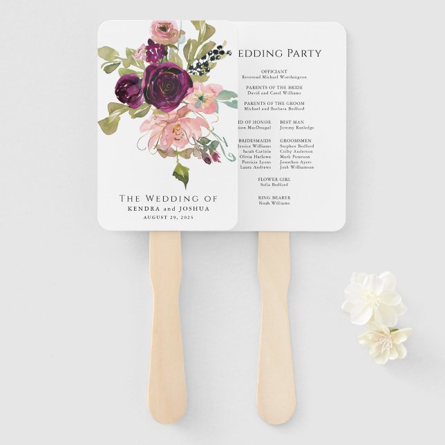 Burgundy and Blush Pink Wedding Party Hand Fan (Front and Back)