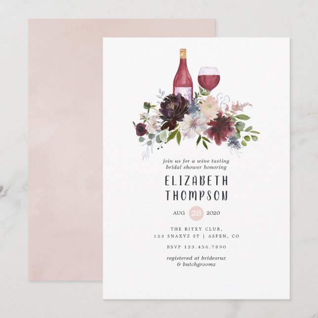 Burgundy and Blush Pink Wine Tasting Bridal Shower Invitation (Front/Back)