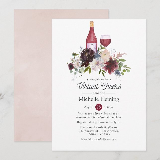 Burgundy and Blush Pink Wine Virtual Bridal Shower Invitation (Front/Back)