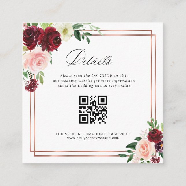 burgundy and blush qr code wedding details card (Front)