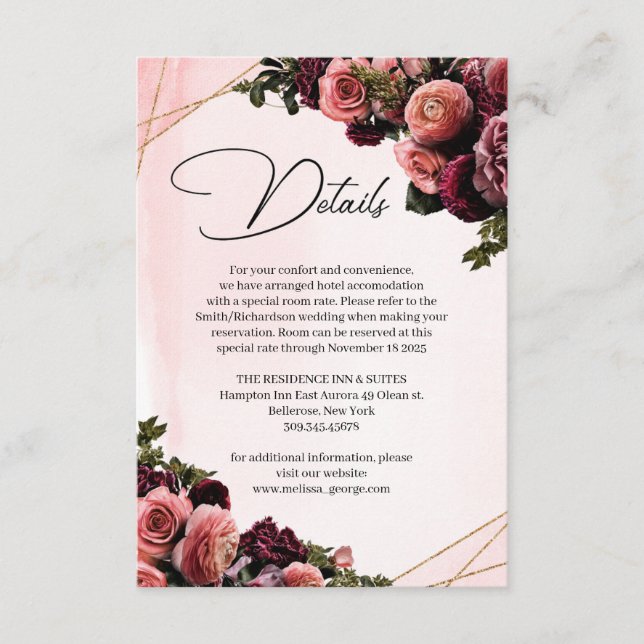 Burgundy and blush roses flowers faux gold frame enclosure card (Front)