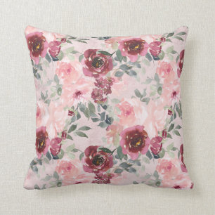 Burgundy and Blush Roses on Pink Cushion
