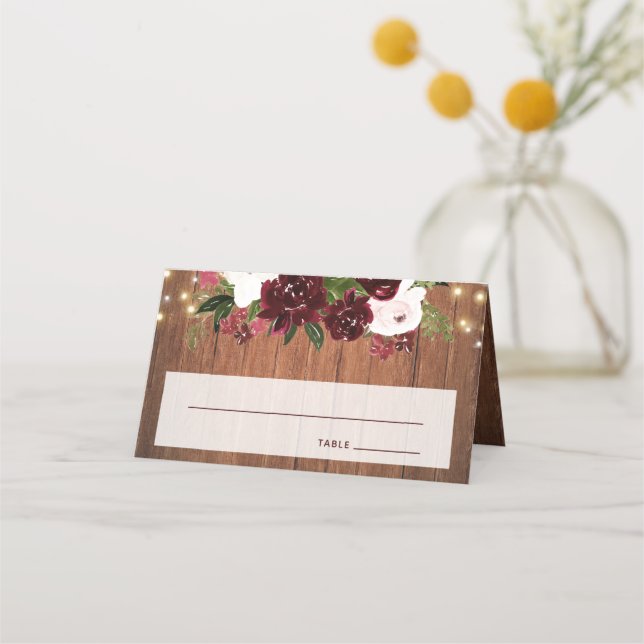 Burgundy and Blush Rustic Floral Lights Wedding Place Card (Front)