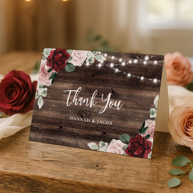 Burgundy and Blush Rustic Wedding Thank You Card (Creator Uploaded)
