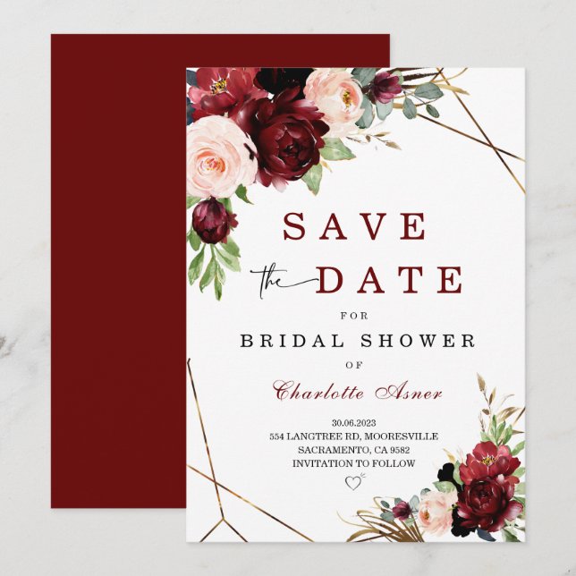 Burgundy and Blush Save the Date for Bridal Shower Invitation (Front/Back)